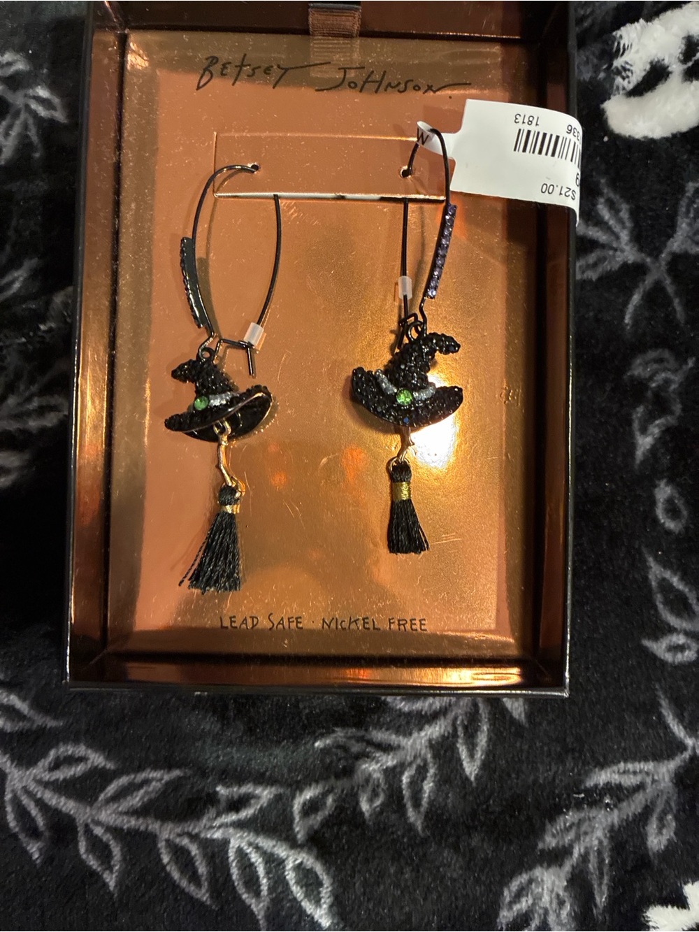 Betsey Johnson Black Witch Hat Tassel Drop Earrings with Green Accent